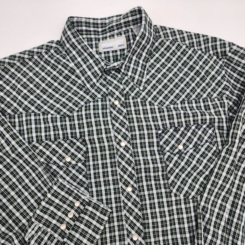 Wrangler Wrancher Shirt Mens Tall XLT Black Plaid Pearl Snap‎ Long Sleeve Pocket